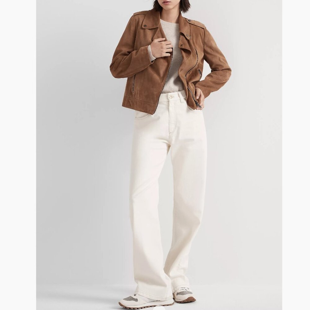Brunello Cucinelli Monili Tab Jeans Ecru Denim Relaxed Size 12 New Tag $1995